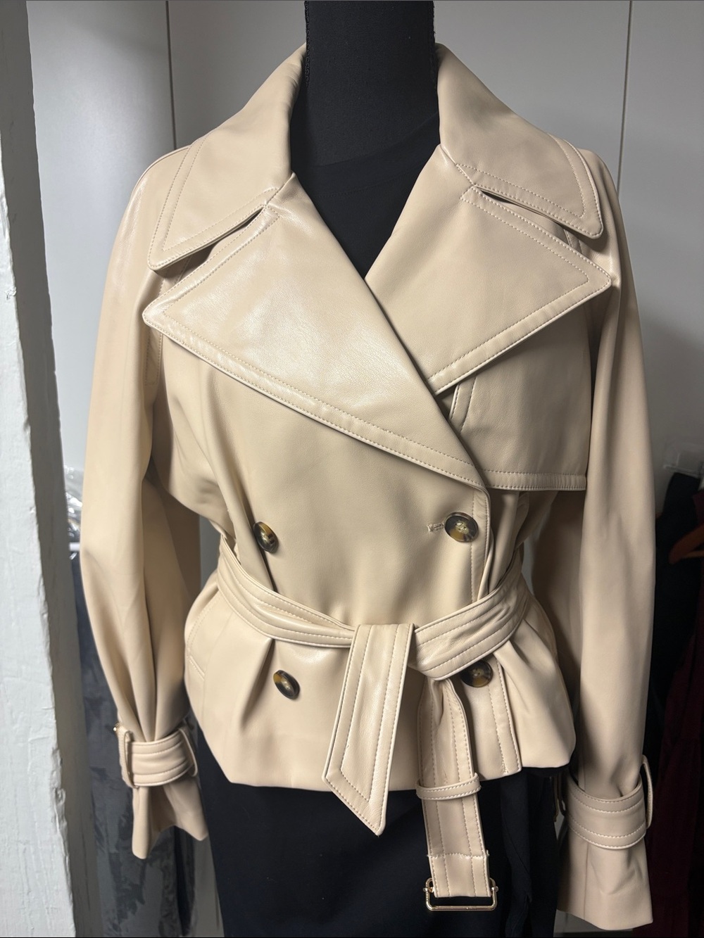 Ann Taylor Womens Beige Faux Leather Trench Jacket with Belt